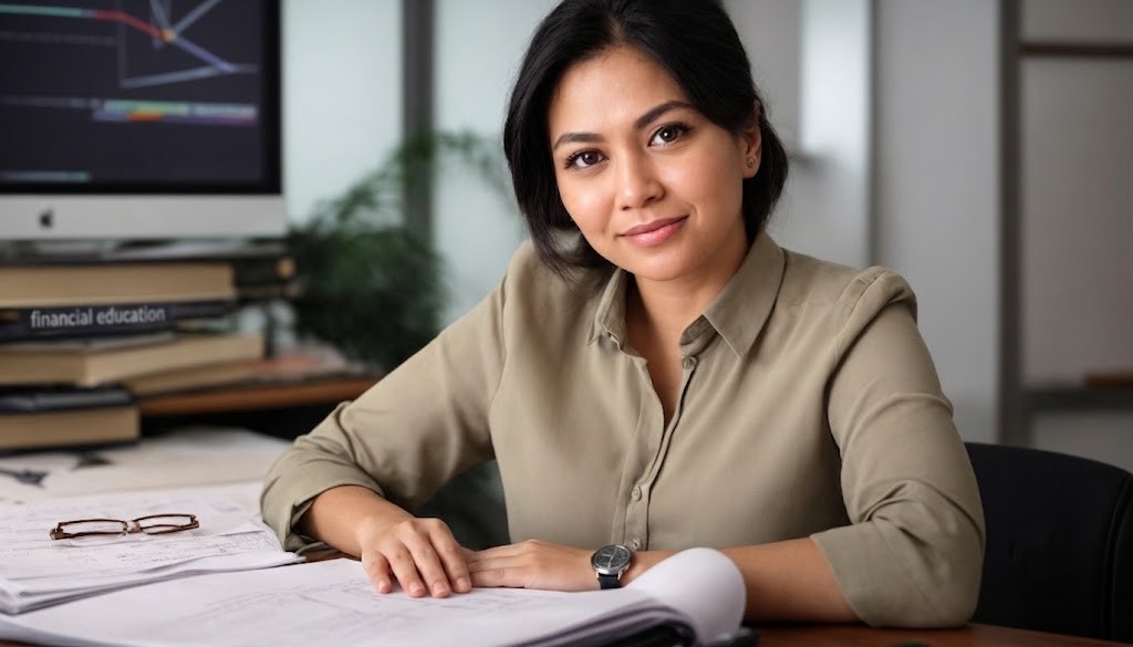 Professional reviewing financial education materials at a desk