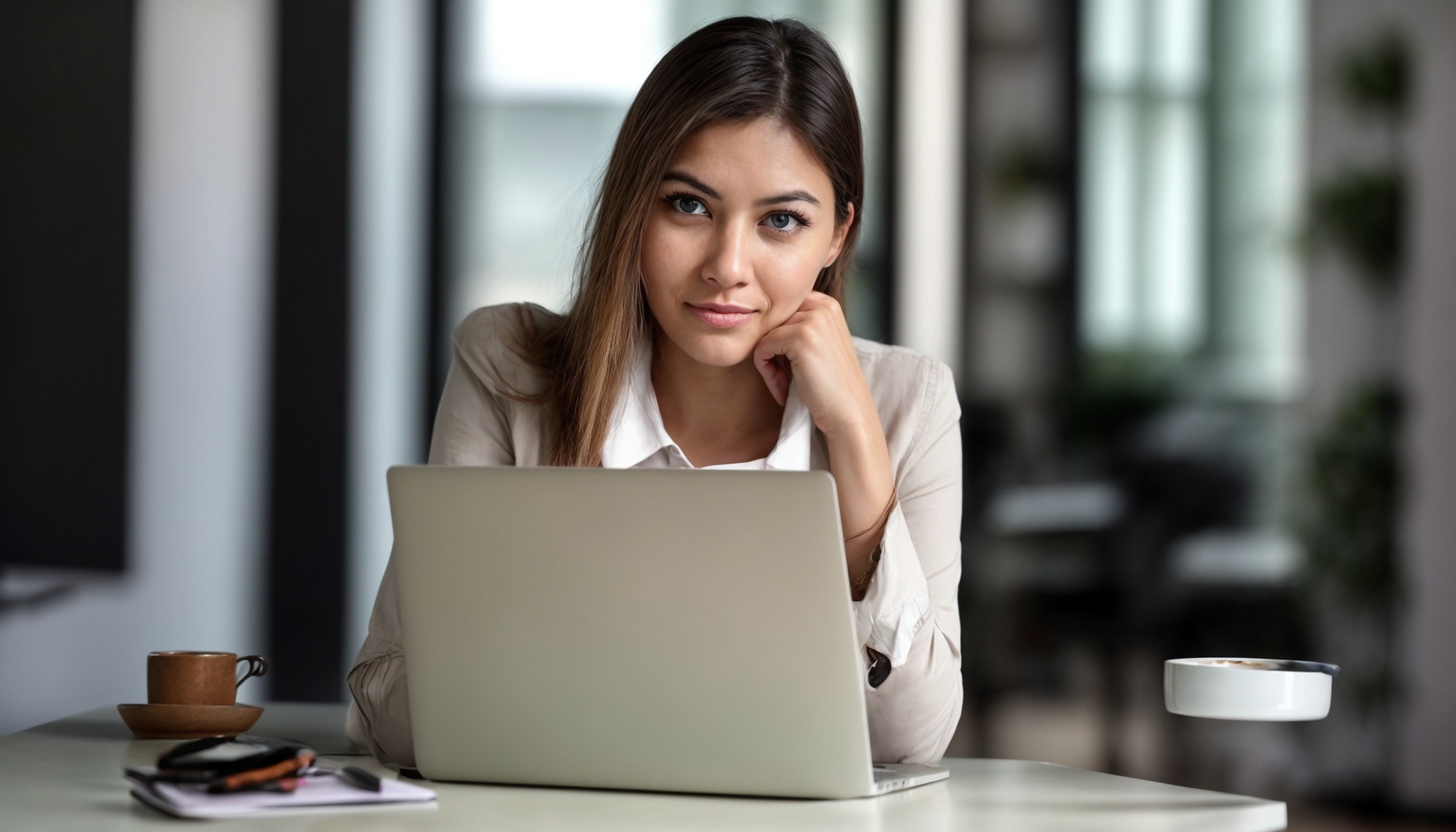 Young professional woman reviewing investment portfolio on laptop at a modern desk