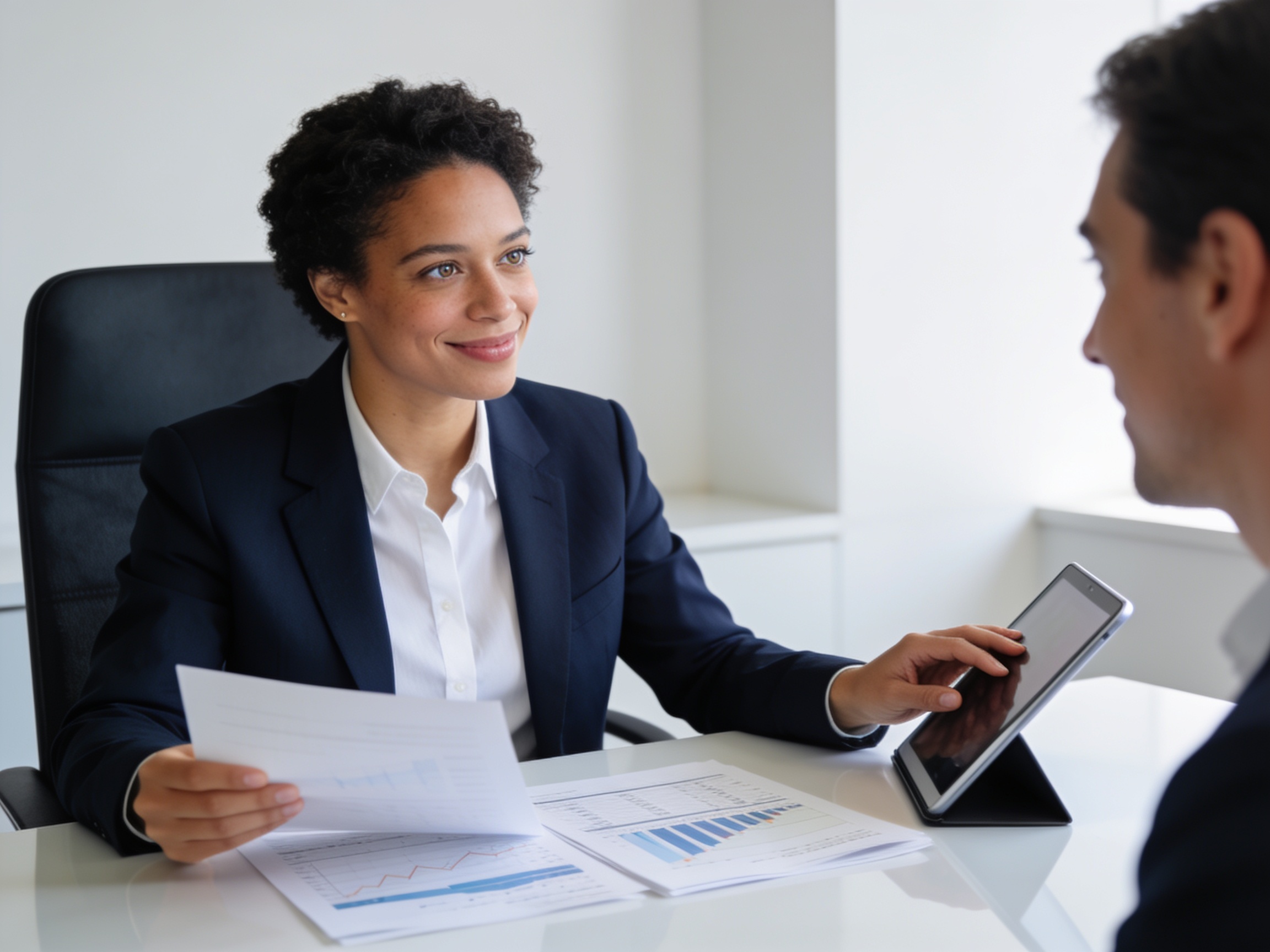American business professional analyzing financial data for a personal finance management guide.