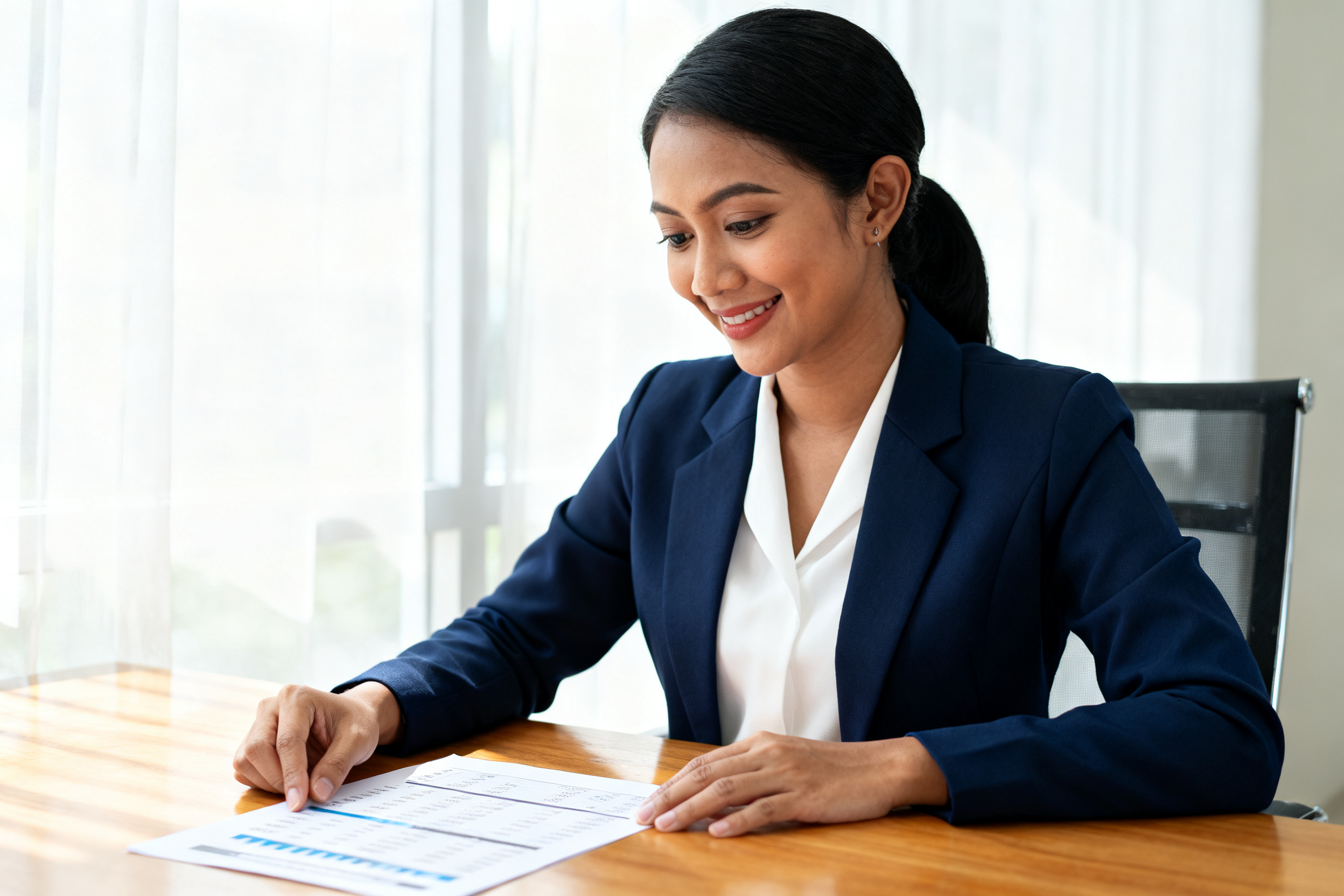 smart financial strategy future visualized by Indonesian professional reviewing investment report